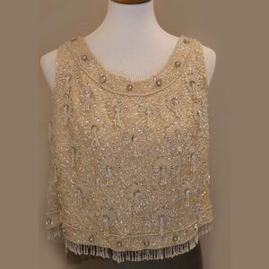 Vintage Imported Cream Beaded Sequin Sleeveless Top